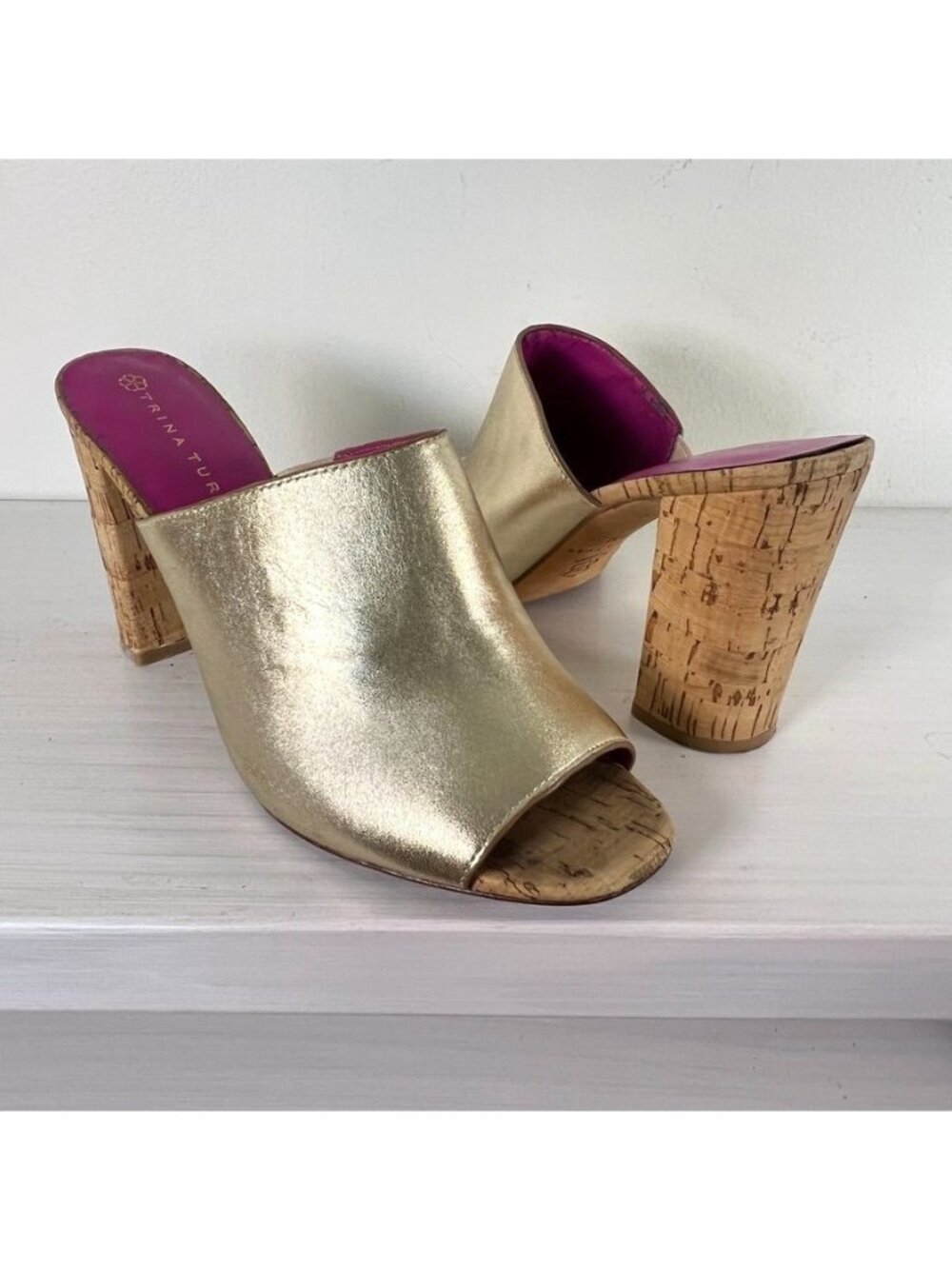 Trina Turk Gold Metallic Leather Cork Block Heel Peep Toe Mule Slides 9M Resort - Picture 7 of 13